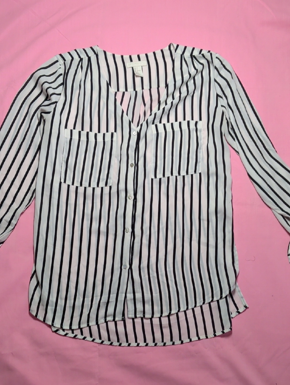 H&M Black and White Vertical Stripe Button-Down Blouse